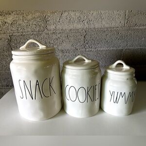 Rea Dunn, “SNACK”, “COOKIE” & “YUMMY” Canister Set 3Pc Farmhouse Kitchen Decor